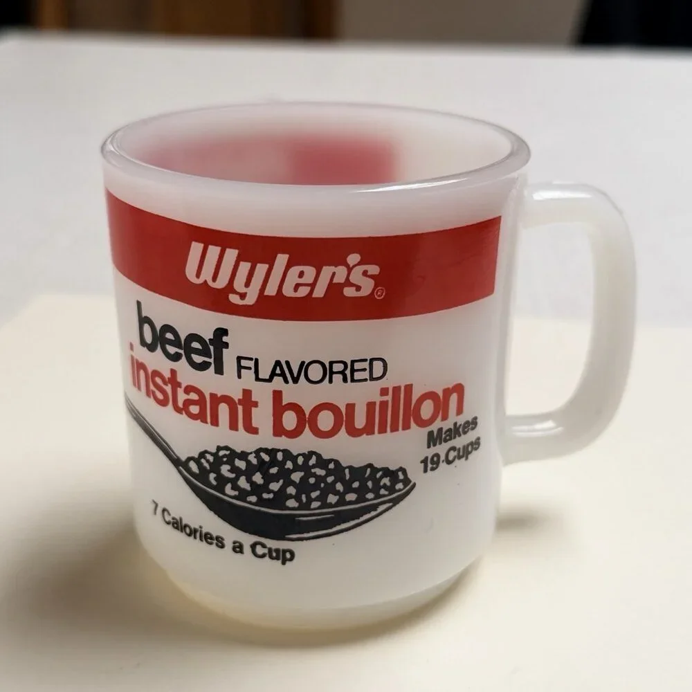 Wylers Beef Flavored Instant Bouillon Coffee Cups Milk Glass‎ Advertising Mug